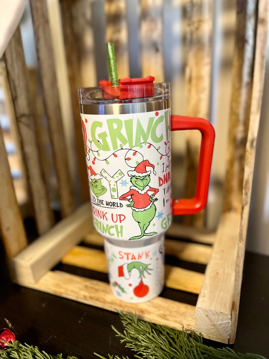 THE GRINCH 40 oz Tumbler With Red handle and Clear Straw